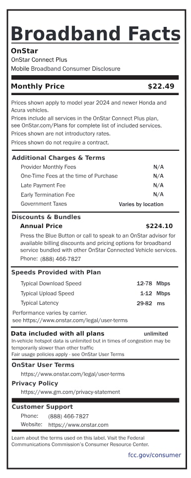 A broadband fact sheet that outlines the OnStar Connect Plus data plan for Honda and Acura vehicles, costing $22.49 per month.