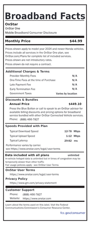 A broadband fact sheet that outlines the OnStar One data plan for Honda vehicles, costing $44.99 per month.