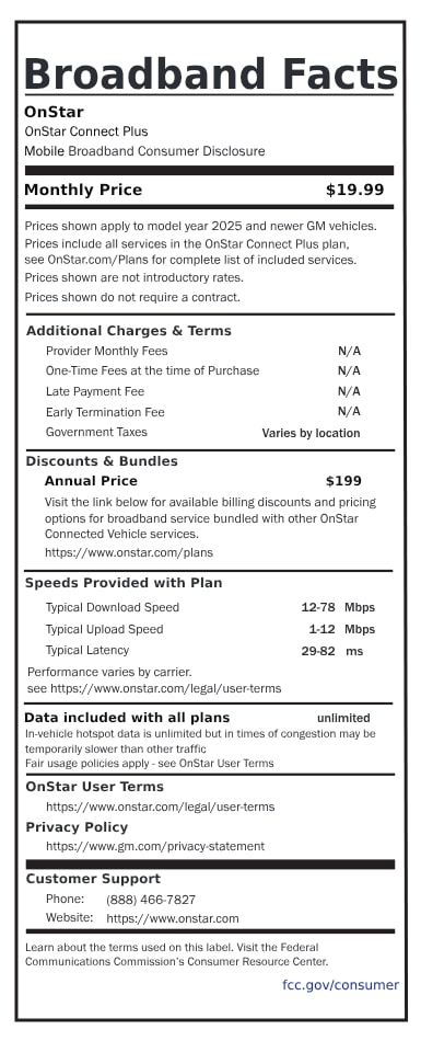 A broadband fact sheet that outlines the OnStar Connect Plus data plan for 2025 and newer vehicles at a monthly price of $19.99. 