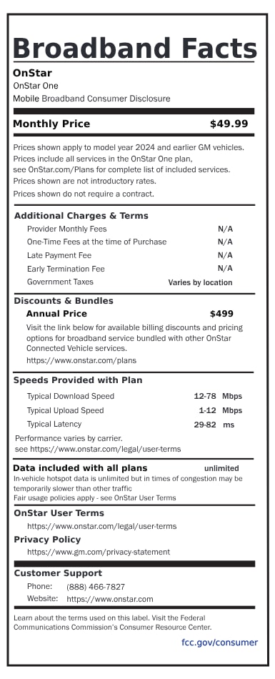 A broadband fact sheet that outlines the OnStar One plan for 2024 and earlier vehicles, costing $49.99 per month. 