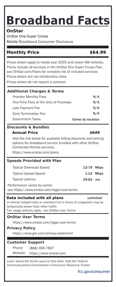 A broadband fact sheet that displays the OnStar One Super Cruise plan for 2025 and newer vehicles, priced at $64.99 per month. 