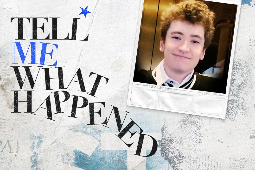 A young teenage boy smiling for a photo next to the text overlay of "Tell Me What Happened".