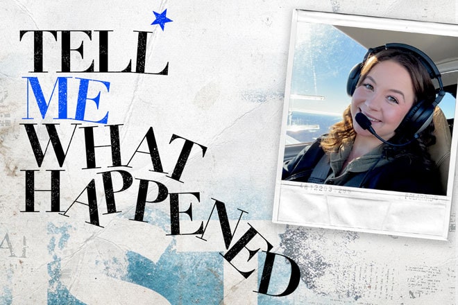 Tell Me What Happened logo and a photo of Taylor Hash featured in Season 3, Episode 4 of Tell Me What Happened: an original podcast by OnStar.