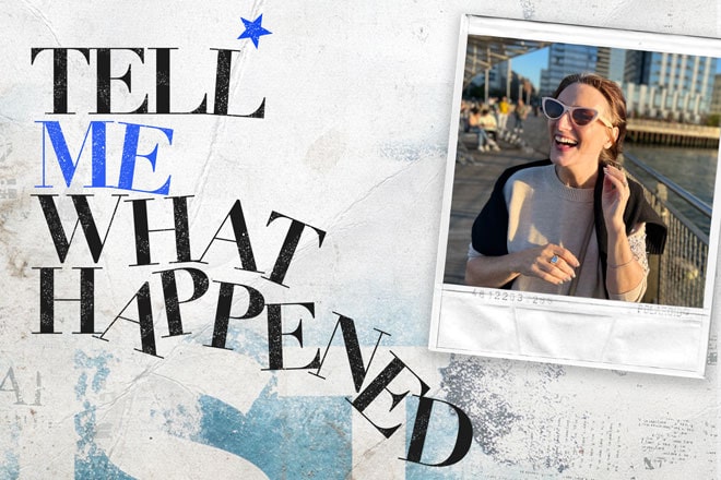 Tell Me What Happened logo and a photo of Taylor Hash featured in Season 3, Episode 6 of Tell Me What Happened: an original podcast by OnStar.