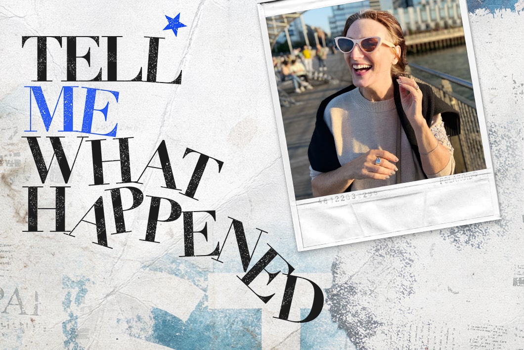 A girl smiling while wearing a sunglasses outside on a sunny day next to the text overlay of "Tell Me What Happened".