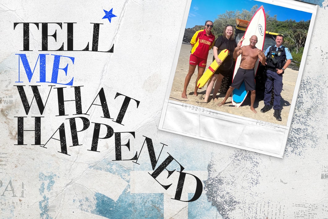 Four men taking a picture at a beach with a surf board behind them next to the text overlay of "Tell Me What Happened".