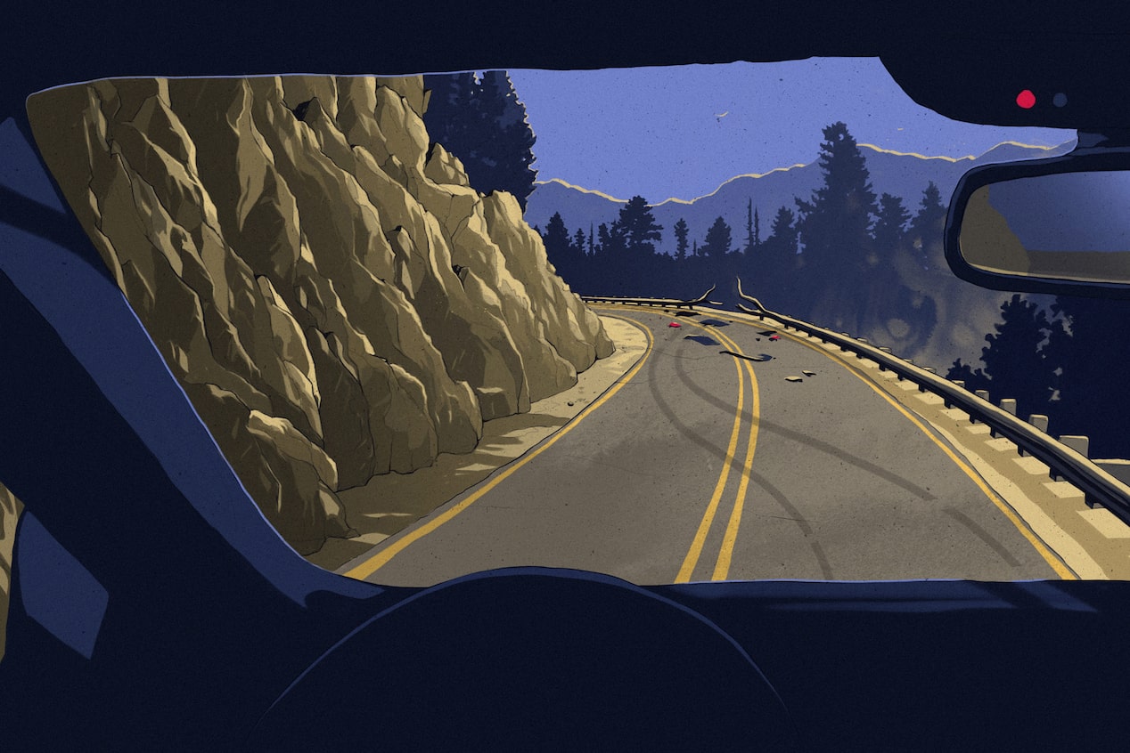 Graphic of a View Out the Windshield on a Mountain Road