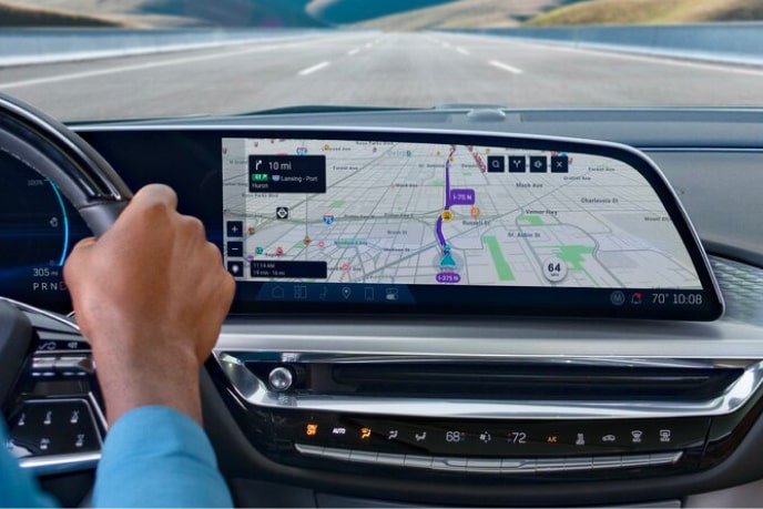 Close-up view of the road map showing in the display dashboard of a vehicle. 