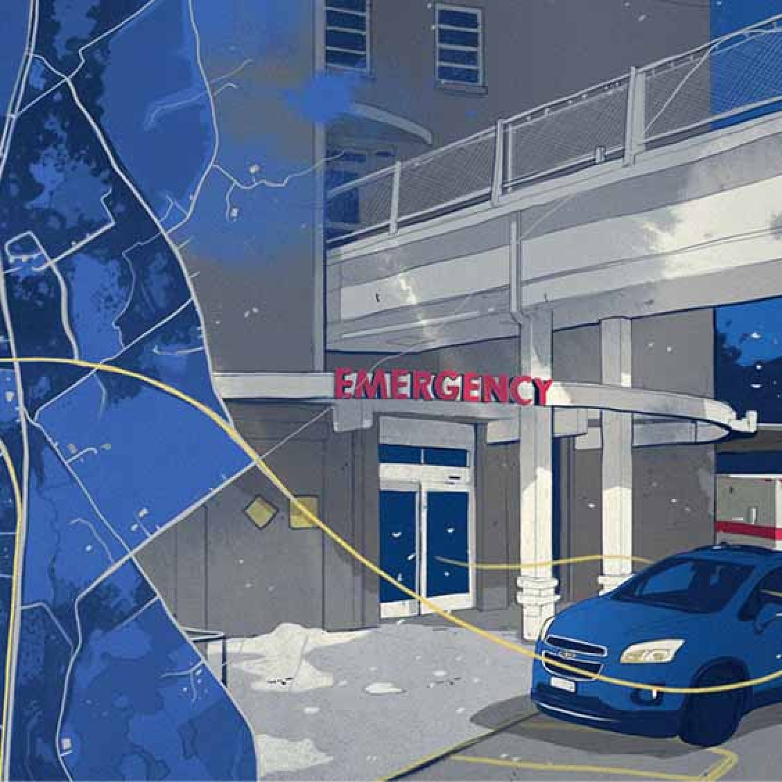 Illustration of Birds-Eye View of a Map and Car Parked Outside a Hospital