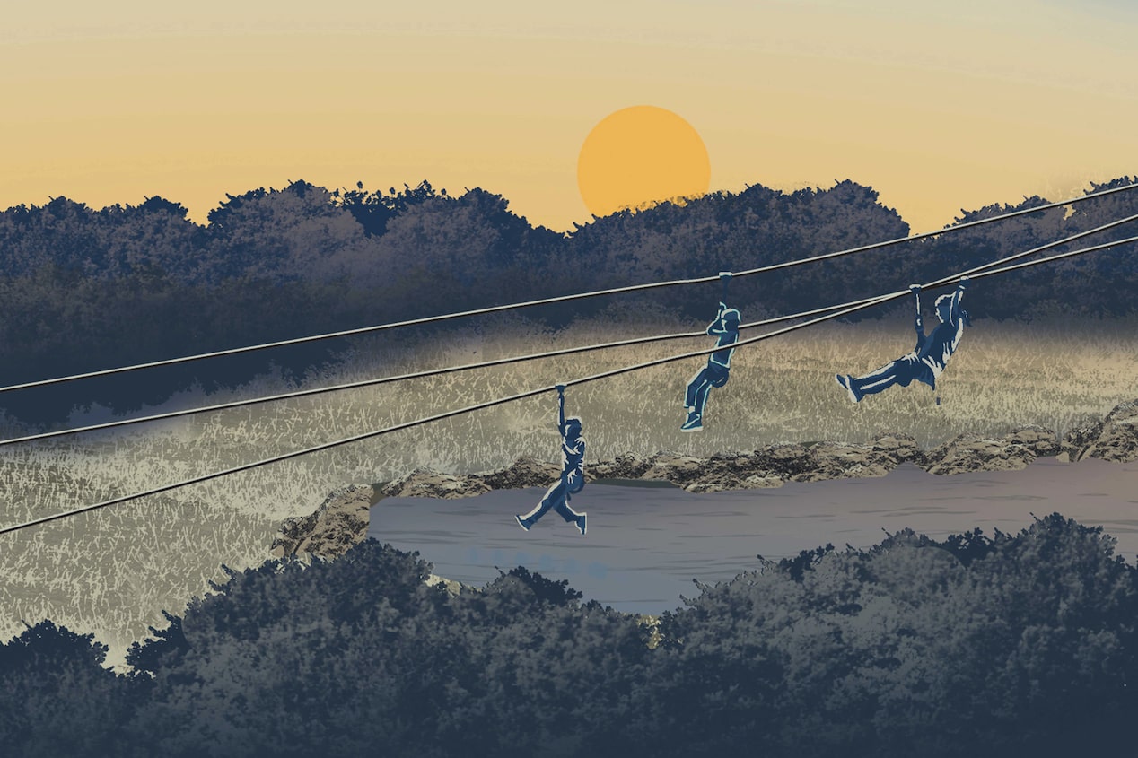 A painting of a sunset with three people hanging on a ropeway surrounded by trees