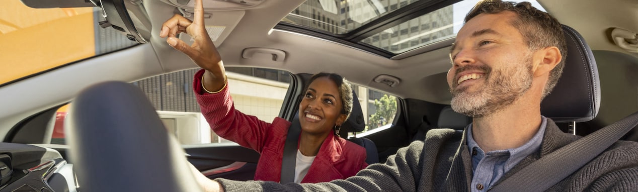 Couple in Vehicle Woman Pushing Blue Button