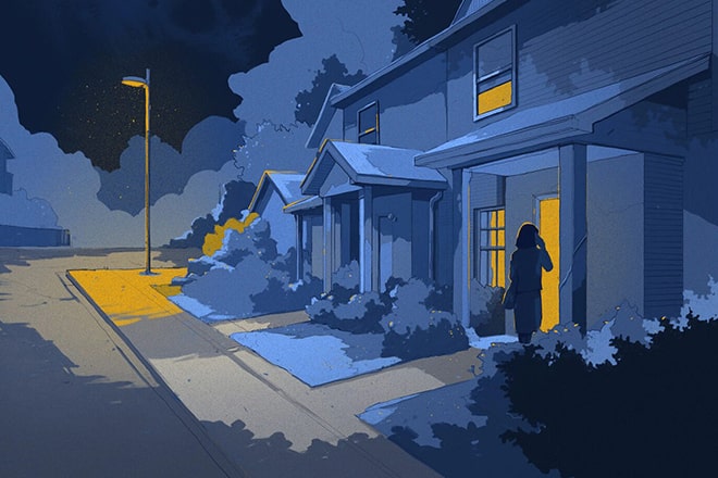 An illustration of a person using a mobile phone as they enter the front door of their house at night.