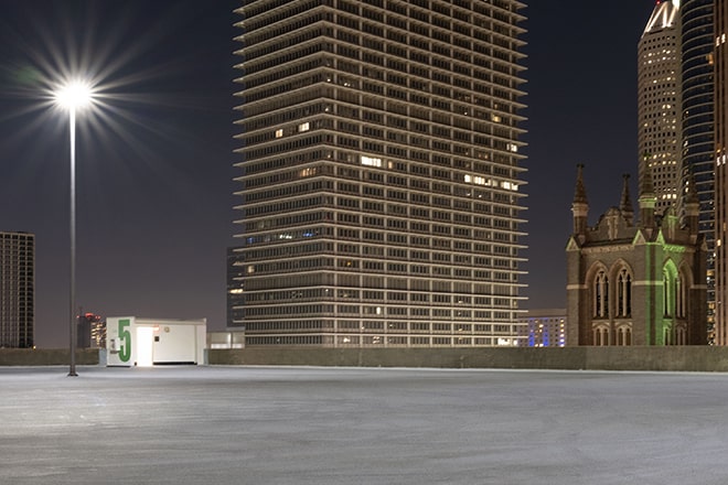 City Roof Top Parking Lot View at Night