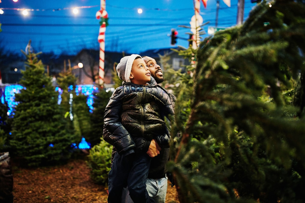 Father and Son Picking Out a Christmas Tree