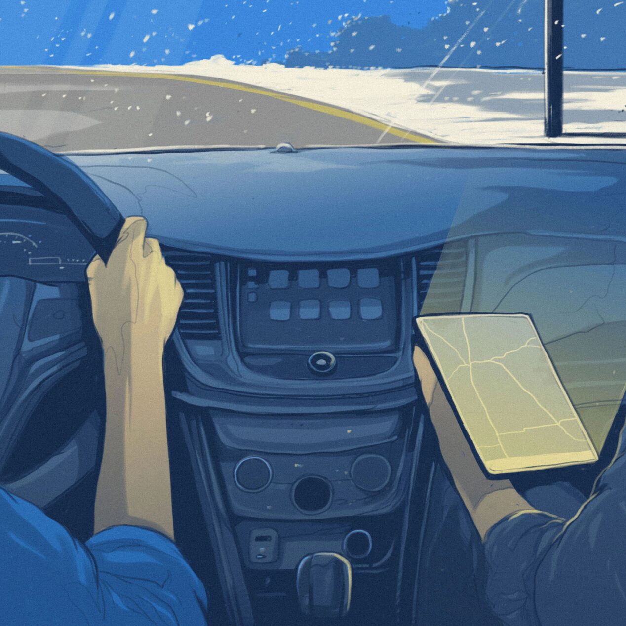 Illustration of Driver Driving While Passenger Looks at a Tablet