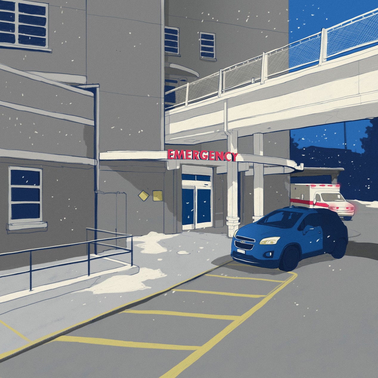 Illustration of GM Vehicle Parked in Front of Hospital Emergency Entrance