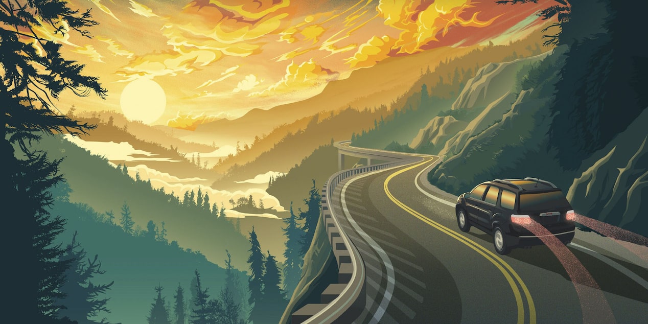 Illustration of Vehicle Driving on Mountainside Road