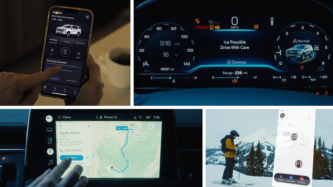 Multiple images of OnStar members using the OnStar Guardian app and navigation in the mountains 