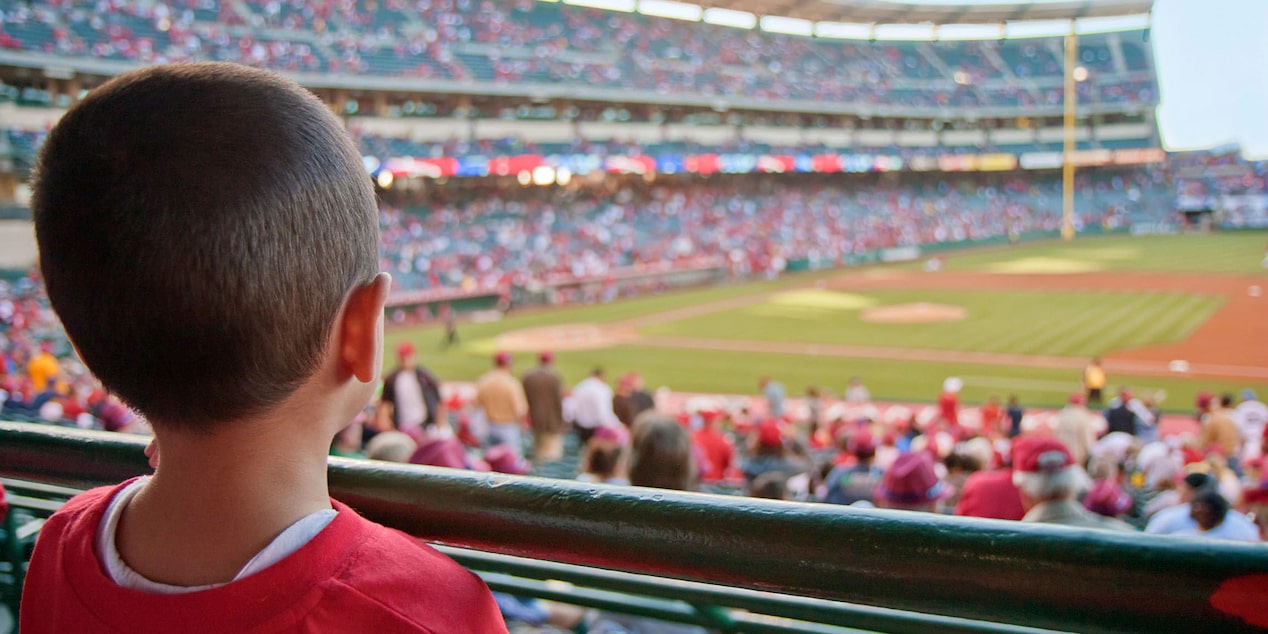 Little Boy Watches a Baseball Game in a Packed Stadium 