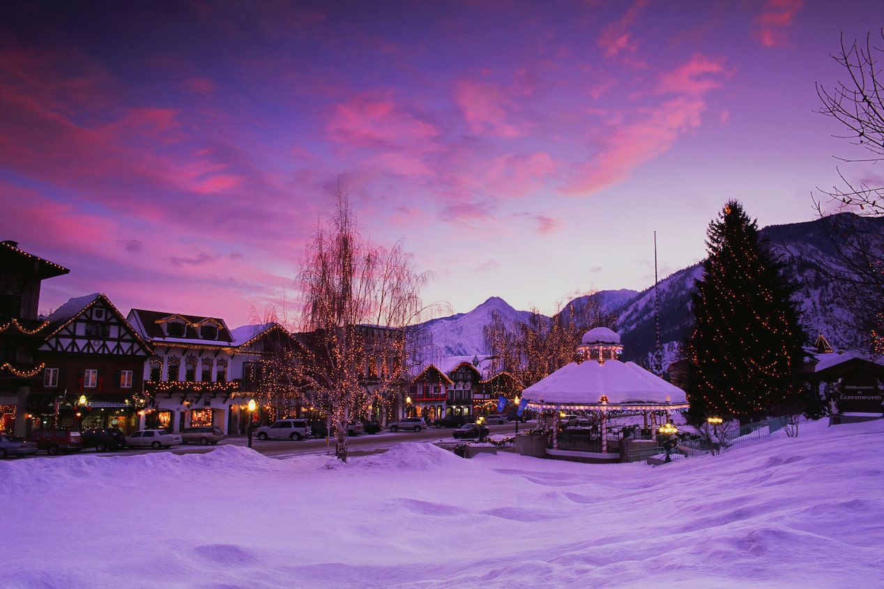 Pink Skies Hang Over a Snowy & Cute Town