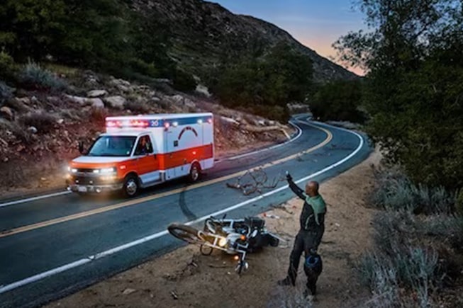 Ambulance arriving on the scene of a motorcycle accident