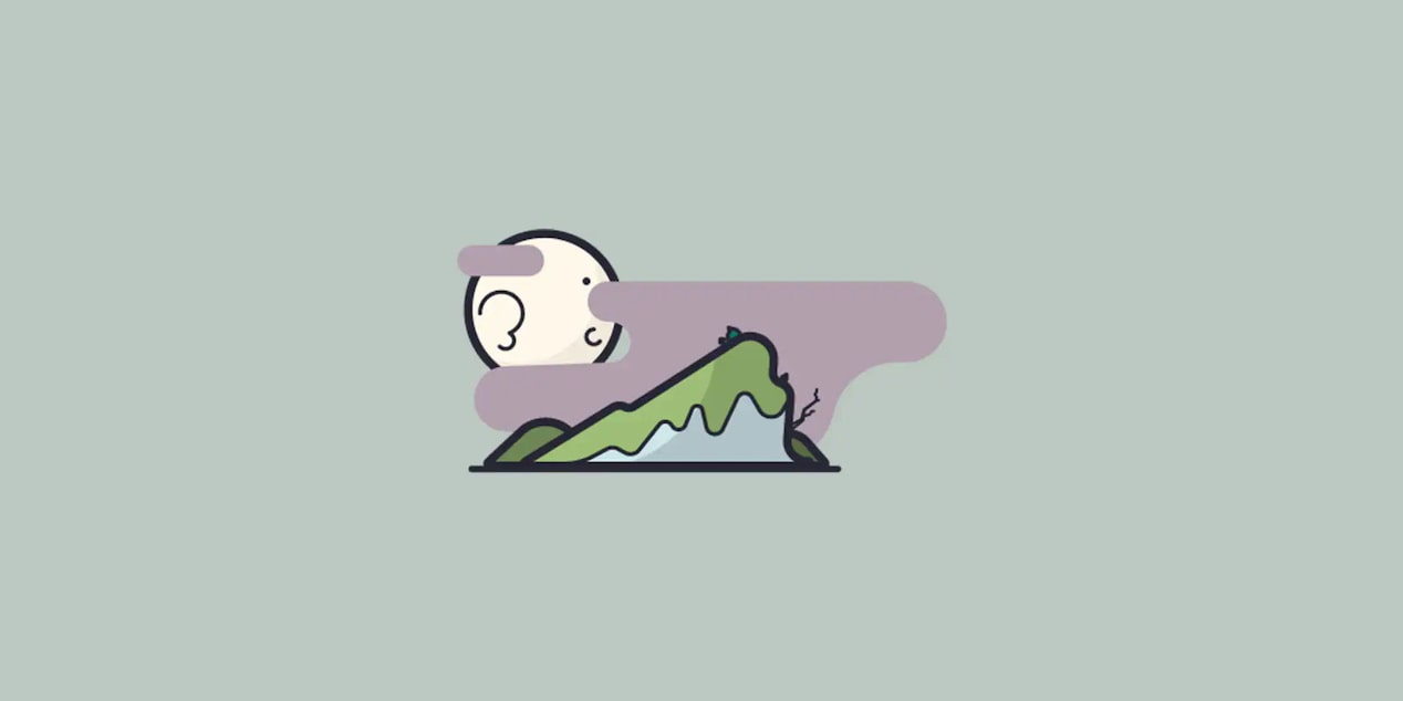 Asymmetrical Mossy Mountain With Moon and Clouds Graphic