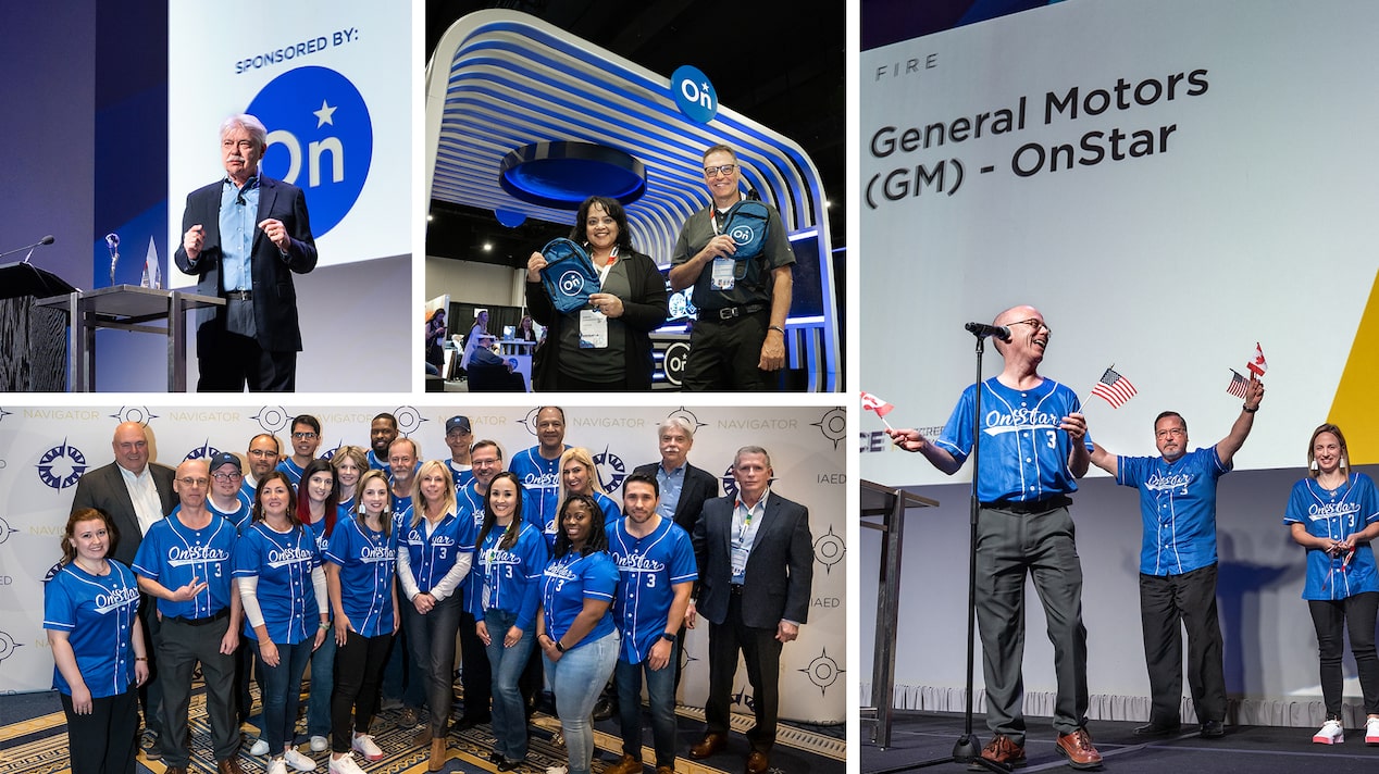 A collage of images from a General Motors (GM) OnStar event features speakers, team members in blue OnStar jerseys, and an interactive booth. Highlights include a keynote speech, a group photo, and a stage moment with attendees waving U.S. and Canadian flags.